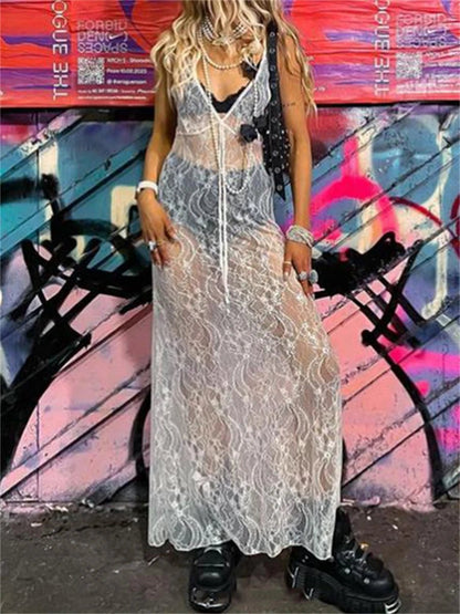 Abito lungo da donna in pizzo floreale trasparente con scollo a V - Sogni di moda - Sogni di moda - 14:29;5:361385 - wsevypo See - Through Lace Floral Sheer Tank Dress Summer Women's Sleeveless V Neck Cover - up Long Dress Streetwear Party Dress - Sogni di moda - Sogni di moda - 14:29;5:361385 - wsevypo See - Through Lace Floral Sheer Tank Dress Summer Women's Sleeveless V Neck Cover - up Long Dress Streetwear Party Dress - WHITE - L - WHITE - L - 